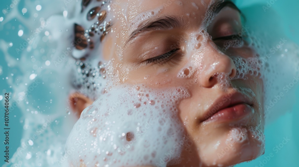 Woman using soap on a blue backdrop for personal care, showcasing skincare and hygiene with a focus on cleansing, hydration, and beauty during a bathroom routine Woman using soap on a blue backdrop for personal care, showcasing skincare and hygiene with a focus on cleansing, hydration, and beauty during a bathroom routine