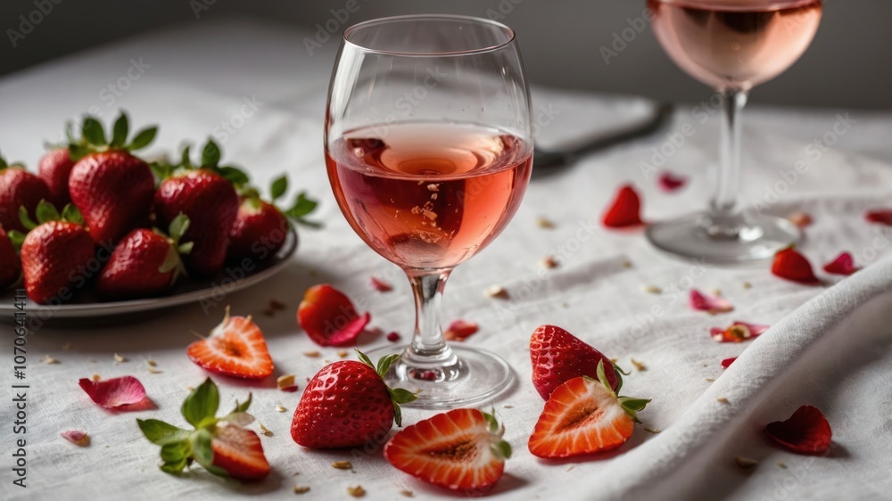 A romantic setting featuring rose wine, fresh strawberries, and rose petals on a table. A romantic setting featuring rose wine, fresh strawberries, and rose petals on a table.