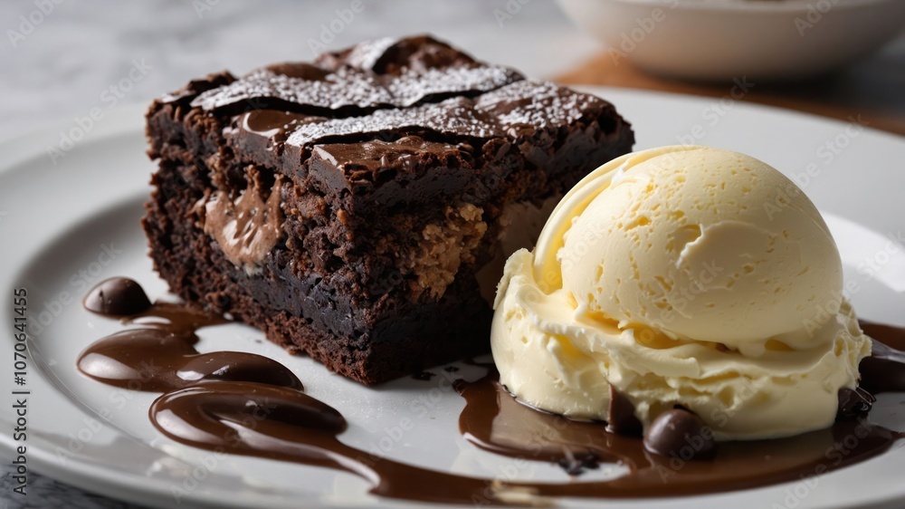 A rich chocolate brownie served with vanilla ice cream and chocolate sauce on a plate. A rich chocolate brownie served with vanilla ice cream and chocolate sauce on a plate.