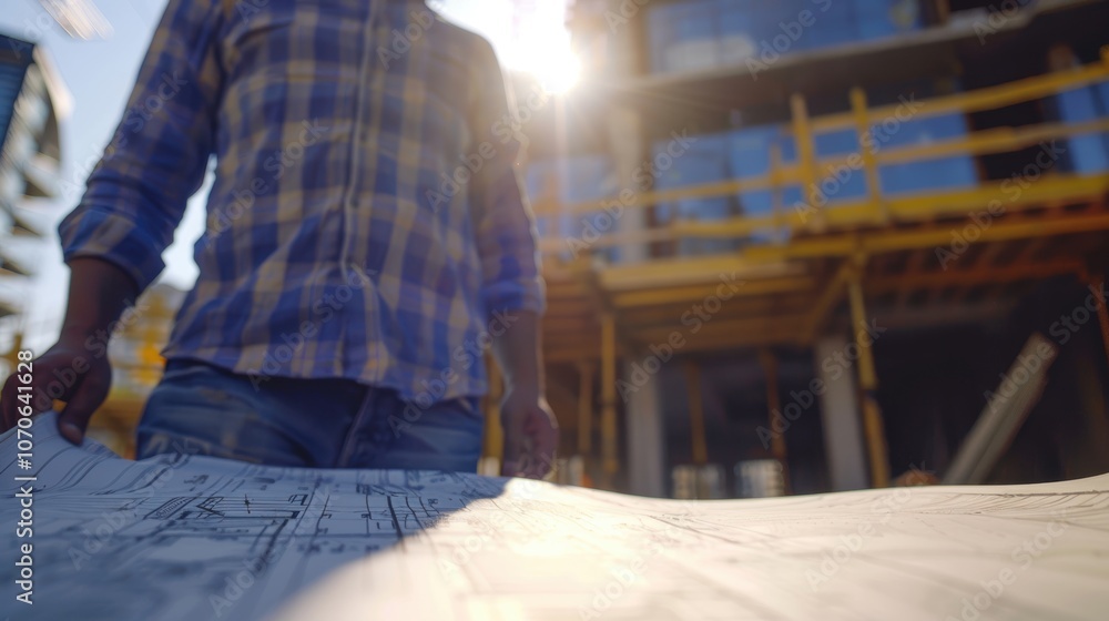 Fototapeta premium Building plans and a persons image at a construction site for design, engineering, and development with contractors for renovations and maintenance