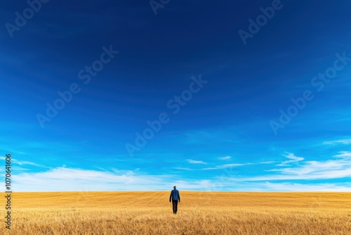 A solitary figure walks through a golden field under a vast blue sky embracing nature's beauty