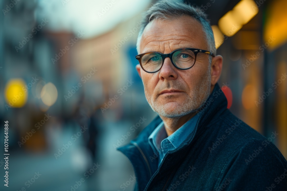 Seasoned business professional with glasses and a bag, prepared for outdoor activities in a bustling environment, exuding confidence and seriousness Seasoned business professional with glasses and a bag, prepared for outdoor activities in a bustling environment, exuding confidence and seriousness