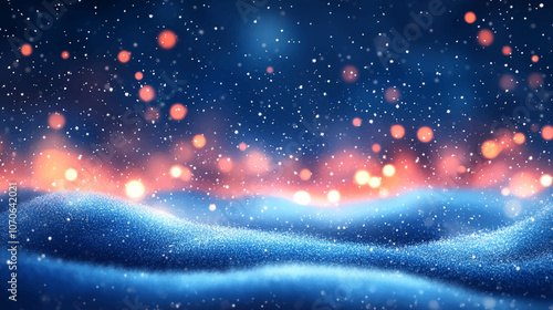 Beautiful blurred street of festive night or evening city with snowfall and Christmas lights. Abstract background Christmas lights in winter landscape with snow, lights bokeh background.