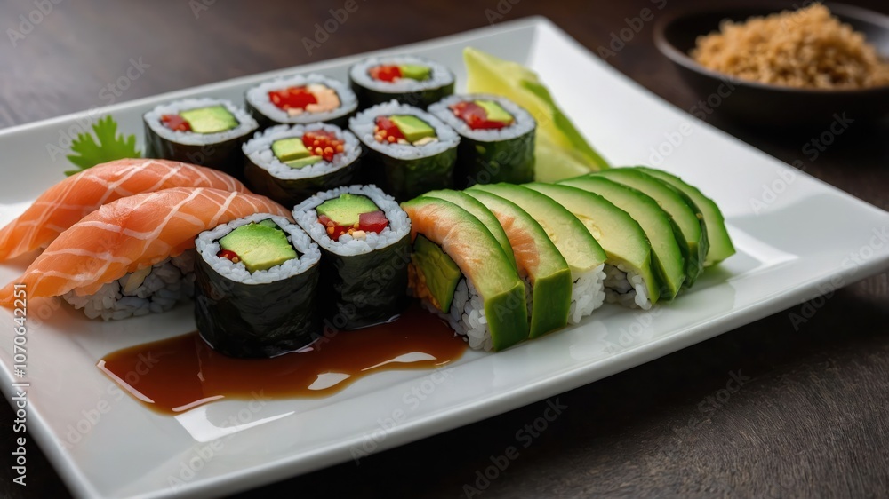 A beautifully arranged sushi platter featuring various rolls and sashimi. A beautifully arranged sushi platter featuring various rolls and sashimi.