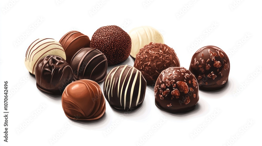 A selection of assorted chocolates with various toppings and decorations, including white, milk, and dark chocolate varieties, isolated on a white background. A selection of assorted chocolates with various toppings and decorations, including white, milk, and dark chocolate varieties, isolated on a white background.