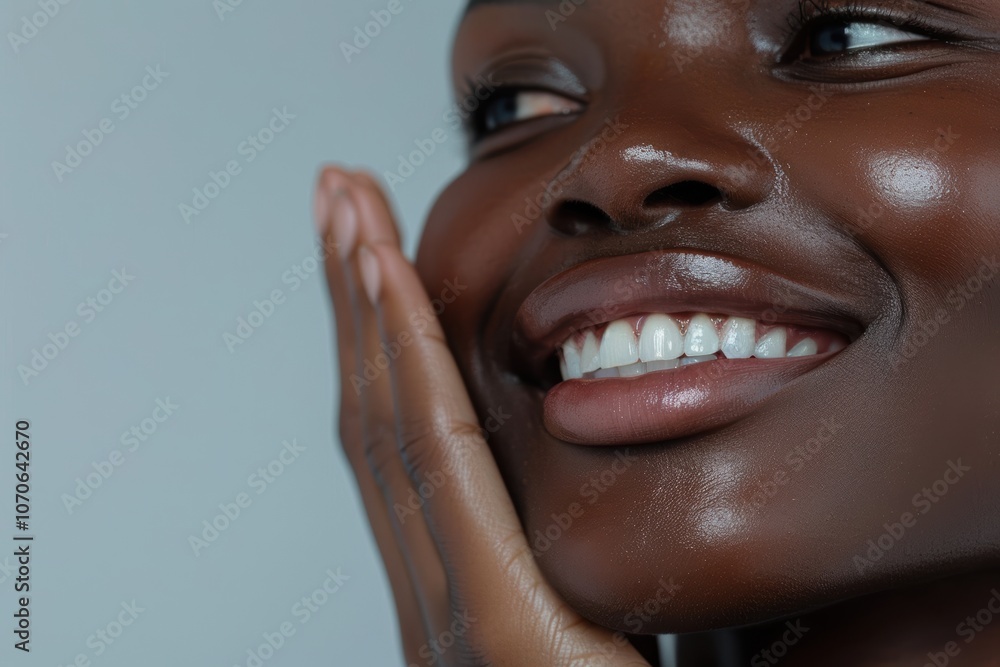 Beautiful hand with a smile showcasing wellness and natural beauty in a studio, highlighting skincare results on a clean face against a white background Beautiful hand with a smile showcasing wellness and natural beauty in a studio, highlighting skincare results on a clean face against a white background