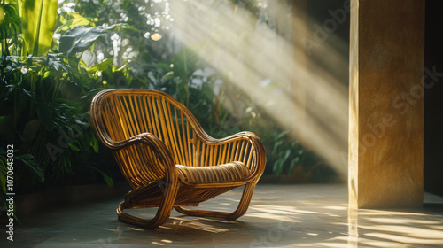 stylish lounge chair made from natural materials in serene setting. Sunlight filters through photo