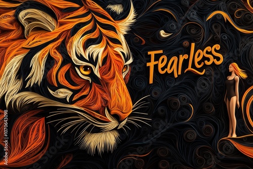 women empowerment - Fearless Woman Standing Tall with Tiger, Quilling Art Symbolizing Courage and Empowerment photo