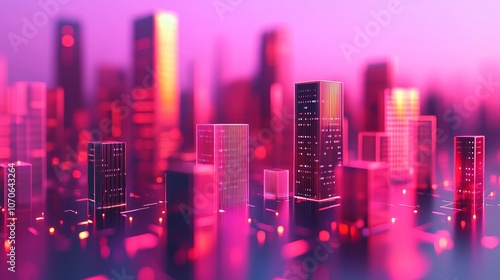 A vibrant cityscape with glowing skyscrapers in a futuristic setting.