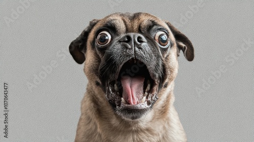 Angry and surprised dog isolated on transparent png background with a funny and excited expression. 