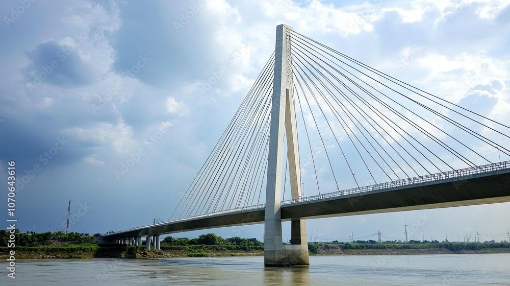 Fototapeta premium Modern cable-stayed bridge over a river with cloudy sky.