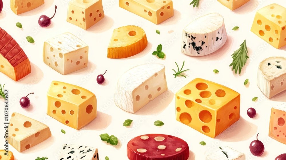 Assorted Cheeses, Cherries, and Herbs on a White Background