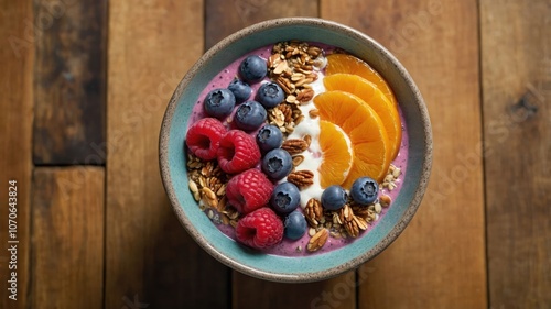 A colorful smoothie bowl topped with fruits, granola, and yogurt on a wooden surface.