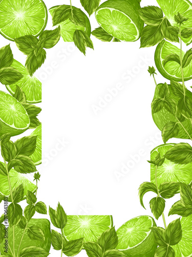 Green lime with mint leaves on a white background. Vertical square frame with an empty text place. Banner, poster, print. Vector hand drawn illustration. Elements are not cropped