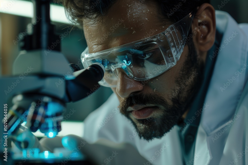 A mixed-race scientist in safety gear examining medical samples with a microscope in a laboratory, focused on developing a cure through forensic research and experiments A mixed-race scientist in safety gear examining medical samples with a microscope in a laboratory, focused on developing a cure through forensic research and experiments