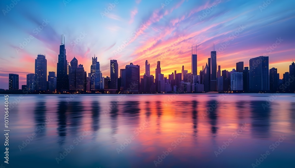 Chicago skyline at sunset reflects vibrantly in Lake Michigan. Chicago skyline at sunset reflects vibrantly in Lake Michigan.