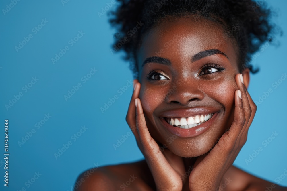 Close-up of a womans face highlighting cosmetics, beauty, and skincare against a blue backdrop, emphasizing wellness and a radiant complexion Close-up of a womans face highlighting cosmetics, beauty, and skincare against a blue backdrop, emphasizing wellness and a radiant complexion
