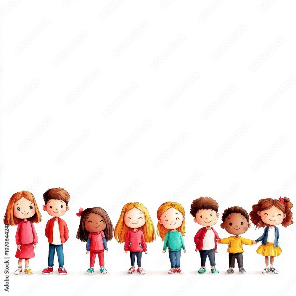 Colorful illustration of diverse children standing in a row, showcasing friendship and inclusivity in a playful, cartoon-like style. Colorful illustration of diverse children standing in a row, showcasing friendship and inclusivity in a playful, cartoon-like style.