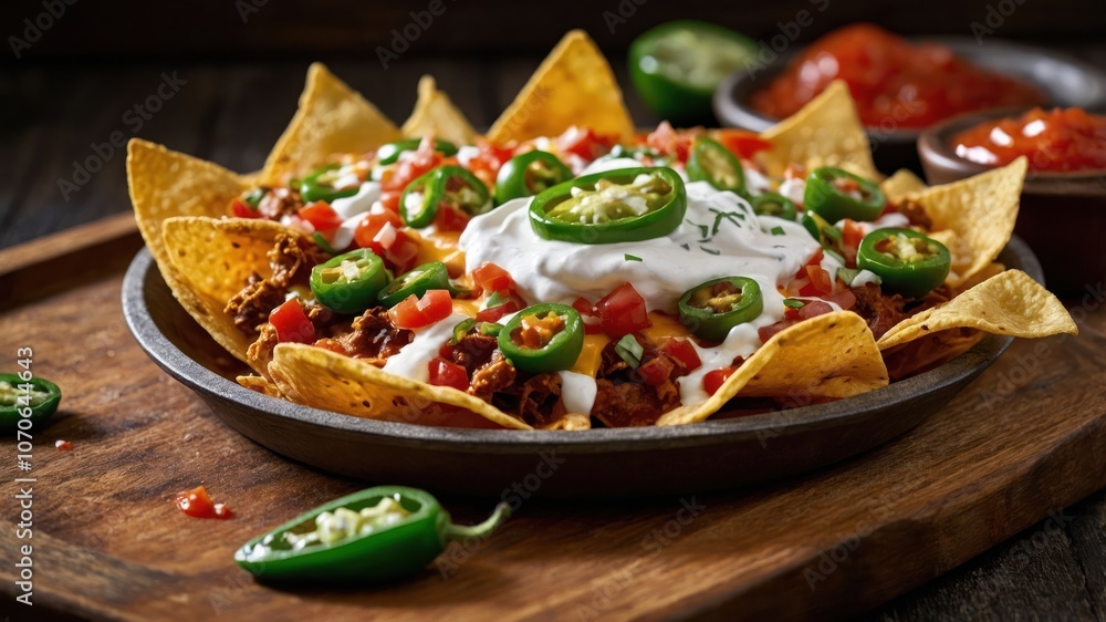 A vibrant plate of nachos topped with meat, jalape?os, sour cream, and fresh tomatoes. A vibrant plate of nachos topped with meat, jalape?os, sour cream, and fresh tomatoes.