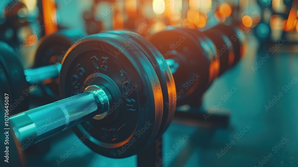 Close-up of a dumbbell and weights at a gym setting, emphasizing strength training, fitness goals, and athletic performance for motivation and muscle development Close-up of a dumbbell and weights at a gym setting, emphasizing strength training, fitness goals, and athletic performance for motivation and muscle development