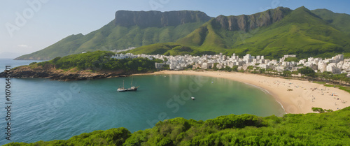 Coastal city with lush green hills, a natural harbor, and a sandy beach. Historic ruins and the iconic Yemma Gouraya mountain are visible in the background. photo