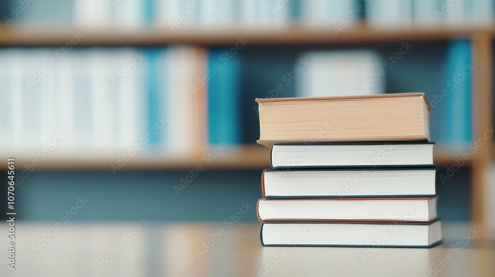 A stack of four books on a table with a blurred bookshelf in the background, creating a cozy reading atmosphere. A stack of four books on a table with a blurred bookshelf in the background, creating a cozy reading atmosphere.