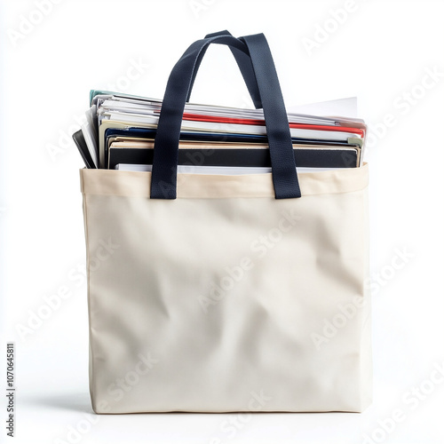 White reusable tote bag with office files and documents isolated on transparent background photo