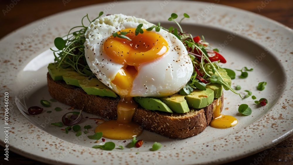 A delicious avocado toast topped with a poached egg and microgreens, perfect for brunch. A delicious avocado toast topped with a poached egg and microgreens, perfect for brunch.