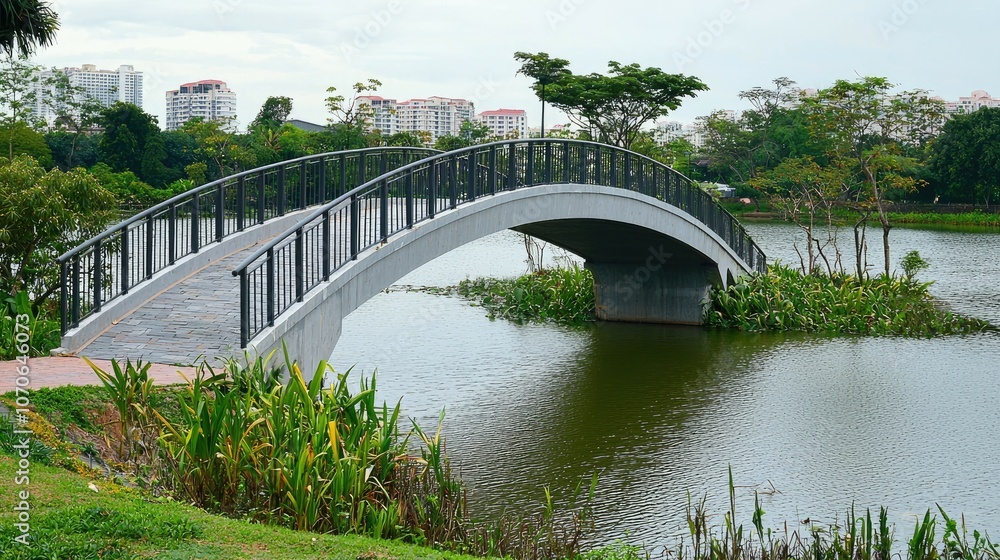 Pedestrian bridge with railing over a lake in a park. Pedestrian bridge with railing over a lake in a park.