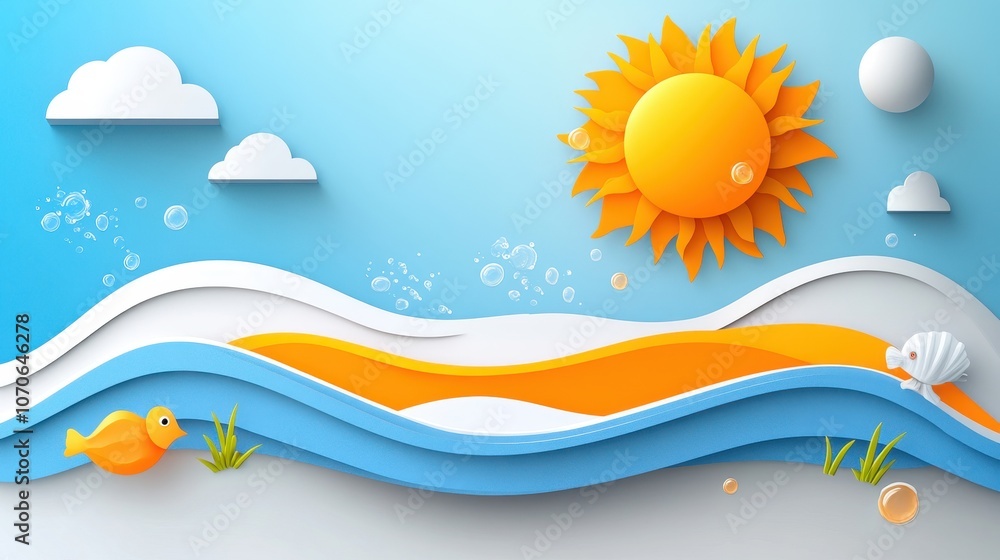 Minimalist sun and waves, white lines on light blue Minimalist sun and waves, white lines on light blue