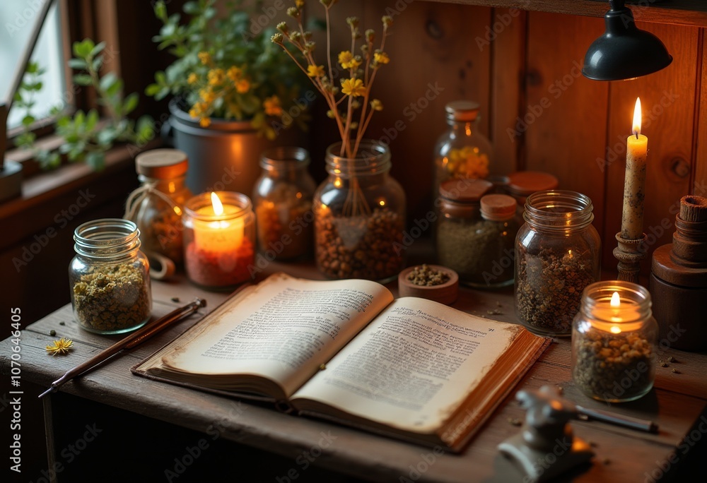A cozy workspace with an open book, candles, and jars of herbs, surrounded by greenery in warm evening light A cozy workspace with an open book, candles, and jars of herbs, surrounded by greenery in warm evening light