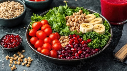 Colorful and healthy salad with buckwheat, banana, cherry tomatoes, kale, pomegranate, and arugula.