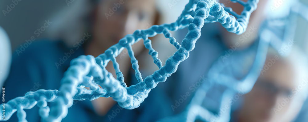 Closeup of DNA molecule, family members in background discussing genetics, vibrant, detailed, high definition Closeup of DNA molecule, family members in background discussing genetics, vibrant, detailed, high definition