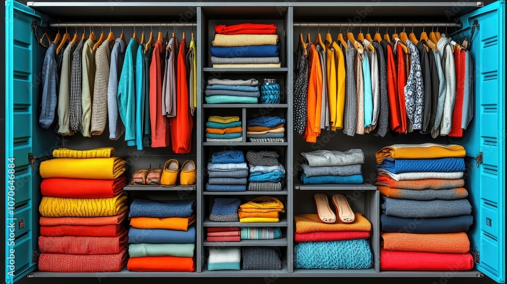 view of the interior sections of a large wardrobe, clothes arranged on hangers, in boxes, and in drawers view of the interior sections of a large wardrobe, clothes arranged on hangers, in boxes, and in drawers