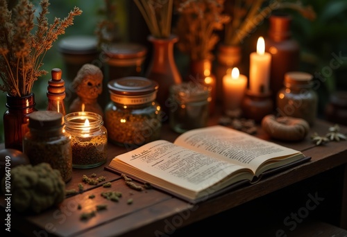 A cozy evening at a well-organized herbalist's workspace with candles, jars, and an open book displaying herbal recipes and notes photo