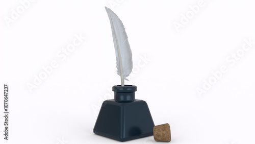 ink bottle with feather and cork with white background