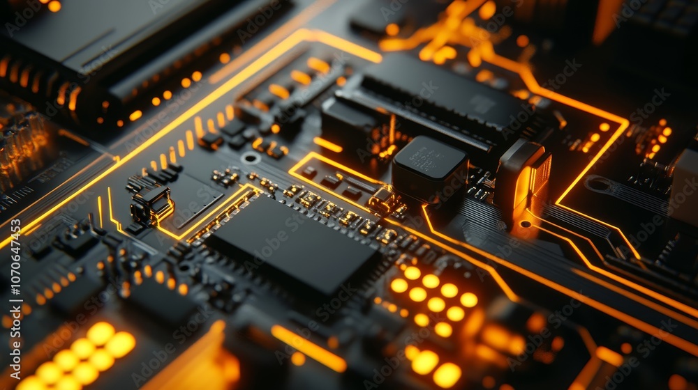 Close-up of a circuit board with glowing pathways, showcasing electronic components and connectivity. Close-up of a circuit board with glowing pathways, showcasing electronic components and connectivity.