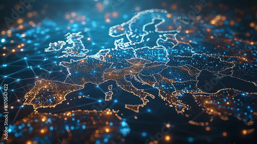 Dynamic digital world map emphasize Western Europe continental for AI powered global network connectivity big data transfer cyber technology network information exchange and telecommunication concept.