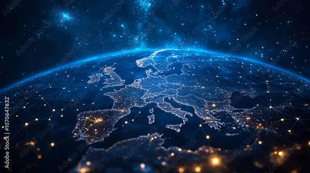 Obraz premium Dynamic digital world map emphasize Western Europe continental for AI powered global network connectivity big data transfer cyber technology network information exchange and telecommunication concept.