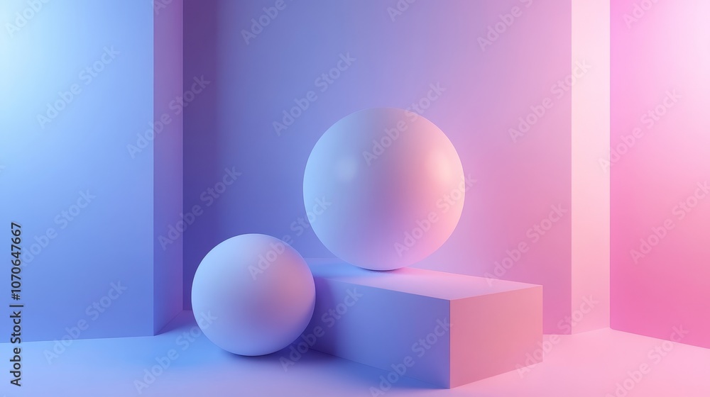 Abstract composition featuring two spheres and a block in a colorful gradient environment. Abstract composition featuring two spheres and a block in a colorful gradient environment.