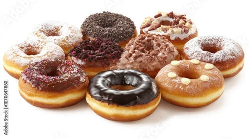 A selection of flavored donuts arranged on a white background