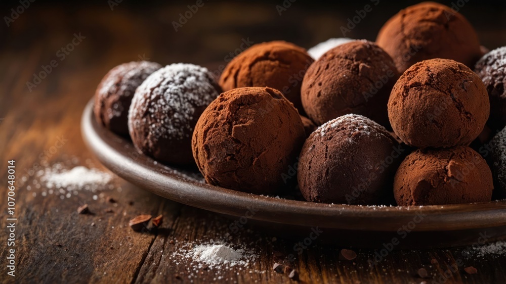 A plate of chocolate truffles dusted with cocoa powder, showcasing a delicious dessert. A plate of chocolate truffles dusted with cocoa powder, showcasing a delicious dessert.