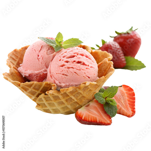 Strawberry Ice Cream in Waffle Bowl with Mint Isolate on transparent background cutout, PNG file, Cutout file