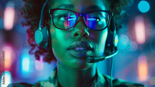 Control room for military operations featuring a woman using technology for cyber intelligence and communication within a security and surveillance environment