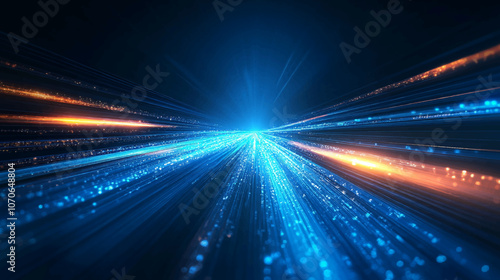 Abstract modern blue background science, futuristic, energy technology concept. Digital image of light rays, stripes lines with blue light, speed and motion blur over dark blue background illustration