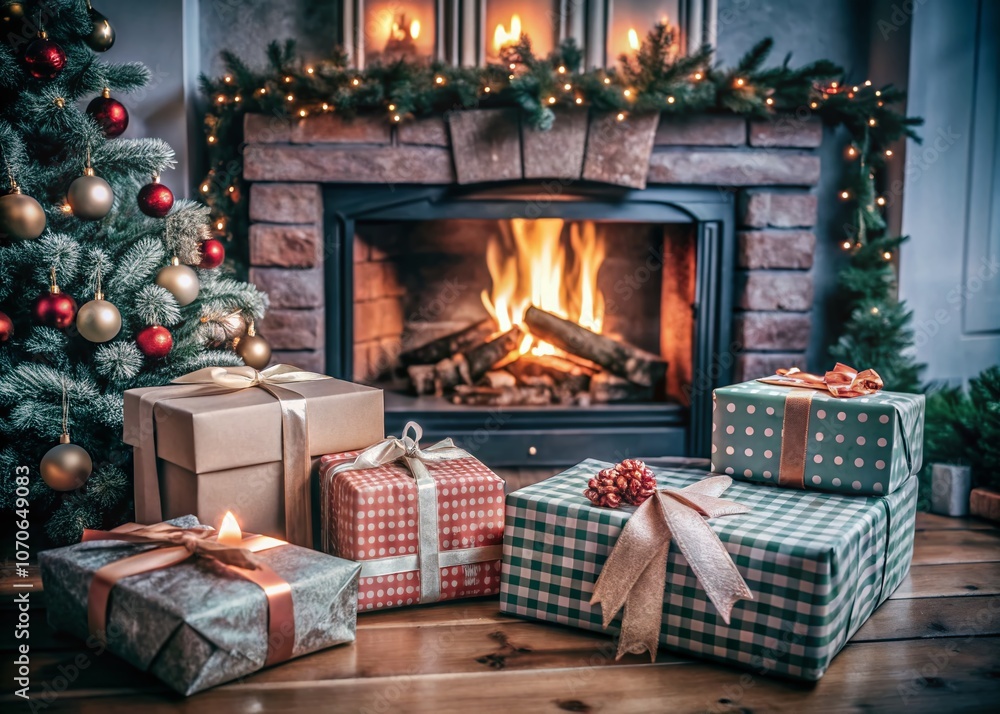 Cozy Christmas Atmosphere: Fireplace with Beautifully Wrapped Presents in Festive Wrapping Paper, Perfect for Holiday Celebrations and Warm Family Gatherings Cozy Christmas Atmosphere: Fireplace with Beautifully Wrapped Presents in Festive Wrapping Paper, Perfect for Holiday Celebrations and Warm Family Gatherings
