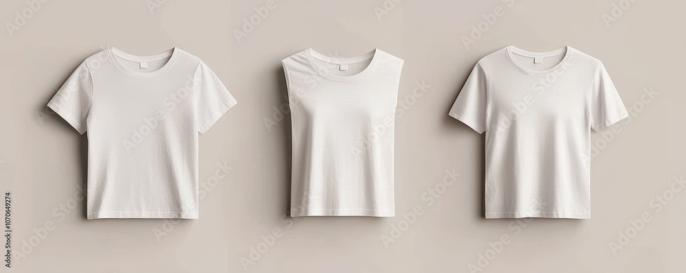 Three white t-shirts displayed against a neutral background, showcasing different styles and fits for casual wear. Three white t-shirts displayed against a neutral background, showcasing different styles and fits for casual wear.