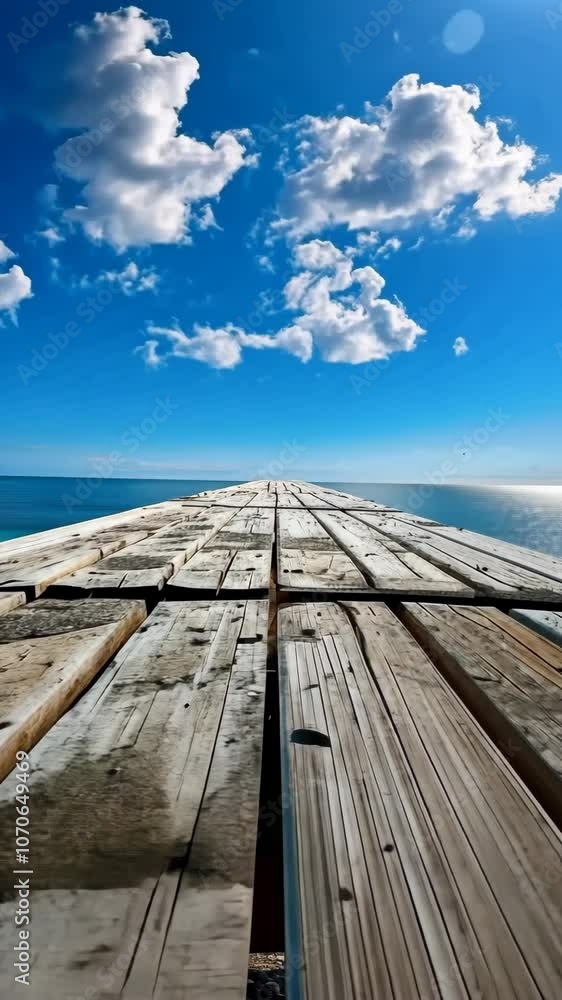 wooden pier extending into the ocean under a bright blue sky with clouds, serene outdoor setting concept wooden pier extending into the ocean under a bright blue sky with clouds, serene outdoor setting concept