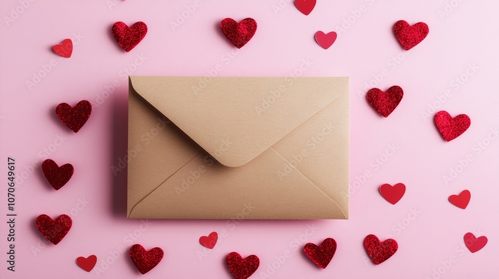 blank letter next to an envelope on a pink background with hearts. valentine's day concept blank letter next to an envelope on a pink background with hearts. valentine's day concept
