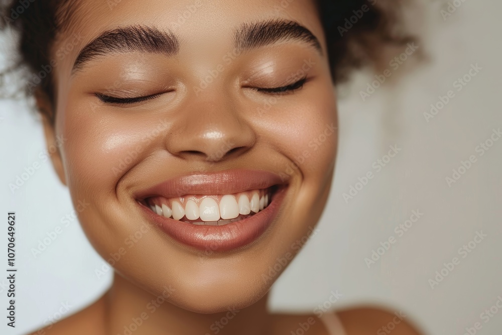 Close-up of a woman showcasing glowing skin and a smile, emphasizing wellness and aesthetics in skincare, beauty, and self-care Close-up of a woman showcasing glowing skin and a smile, emphasizing wellness and aesthetics in skincare, beauty, and self-care